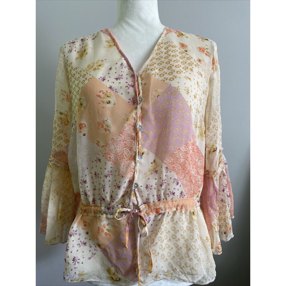 100% Silk Women Blouse Romantic Vintage Feminine S Floral Ruffle Pink Sheer Top